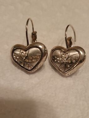 Silver Heart Drop Earrings with Butterfly Accent